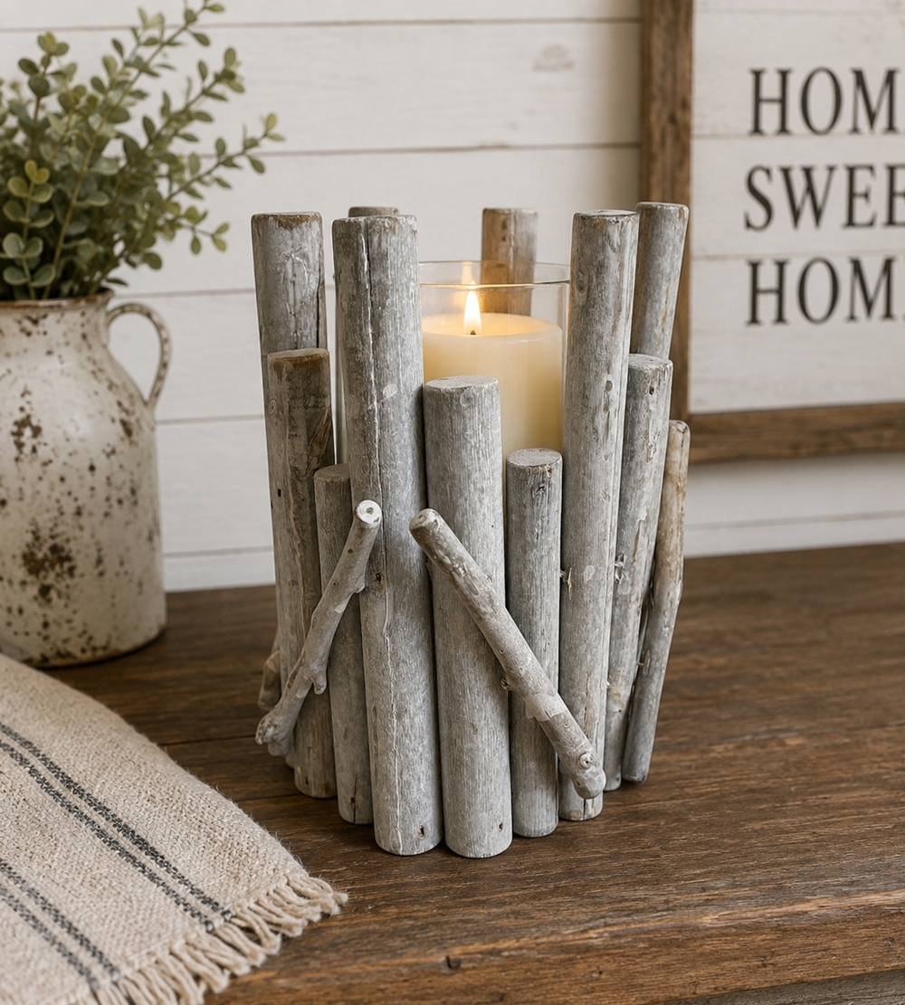 Rustic Driftwood Log Hurricane Candle Holder Glass Insert Coastal Farmhouse 6"